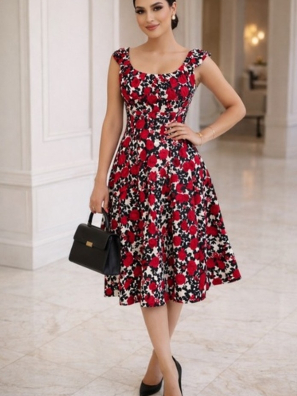 NWOT White House Black Market Red and Black Floral Fit-and-Flare Dress 00